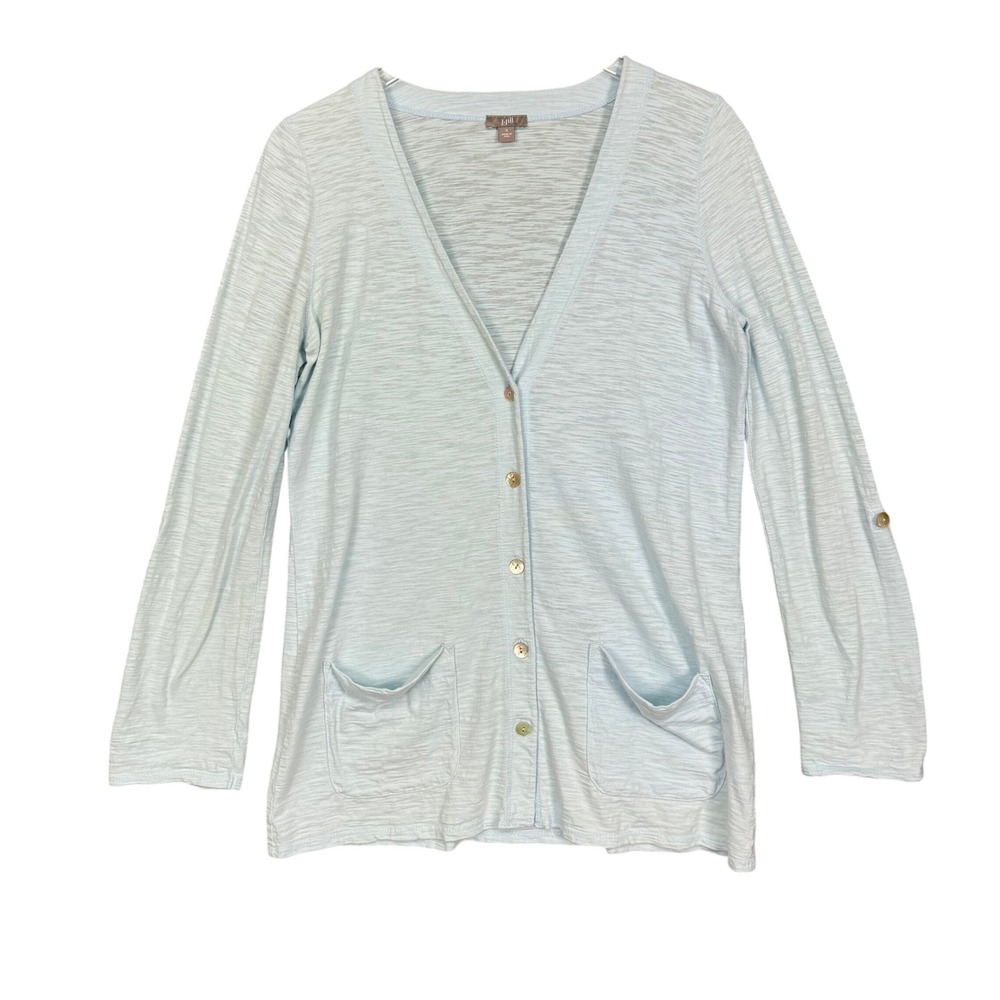 J Jill Cardigan Womens Small Light Blue Textured V Neck Button Front Tab Sleeves
